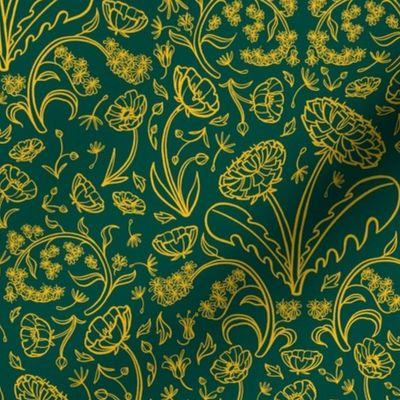 Golden Floral Weeds in Yellow on Green - Medium