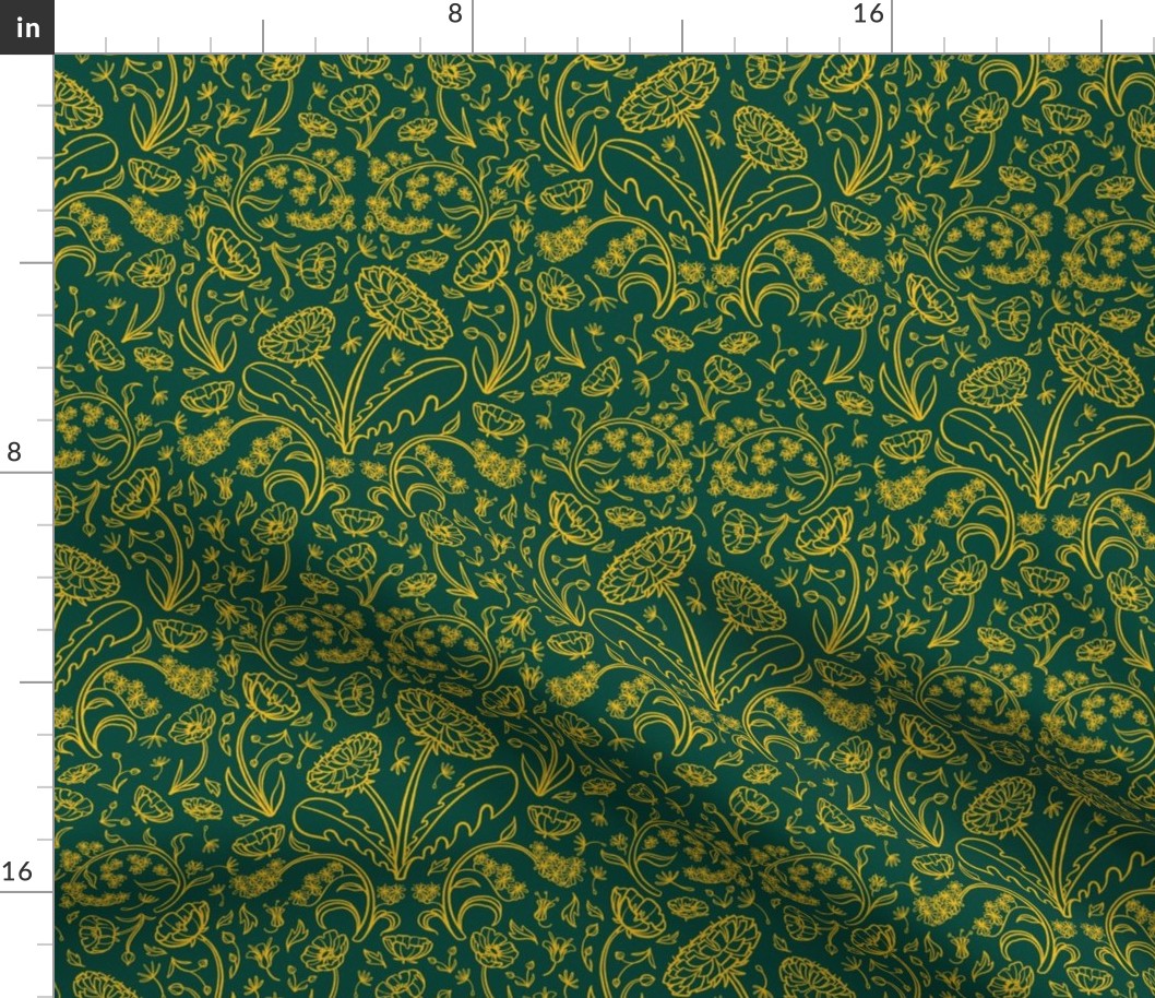 Golden Floral Weeds in Yellow on Green - Medium