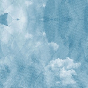 Watercolor Blue and White Clouds Fabric Medium Blue