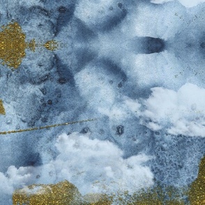 Watercolor Blue and White Clouds Fabric Sky,  Blue White Gold