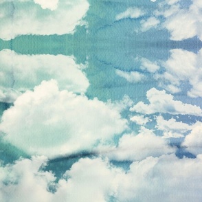 Watercolor Blue and White Clouds Fabric Sky,  Blue Emerald Green White