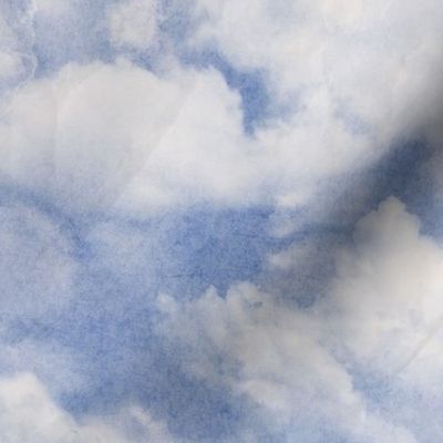 Watercolor Blue and White Clouds Fabric Sky,  Light Blue White