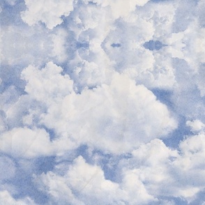 Watercolor Blue and White Clouds Fabric Sky,  Light Blue White