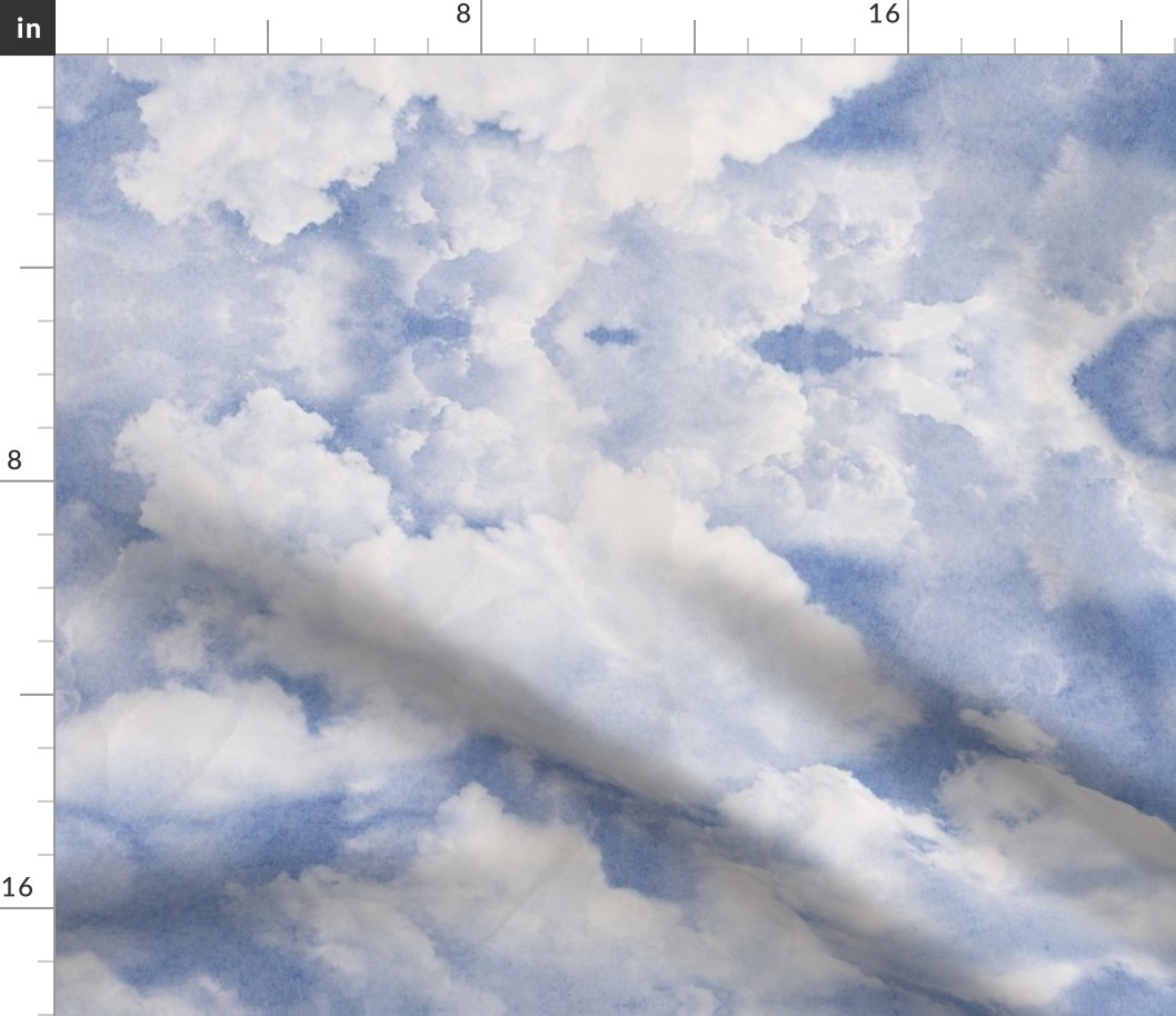 Watercolor Blue and White Clouds Fabric Sky,  Light Blue White