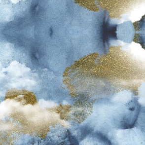 Watercolor Blue and White Clouds Fabric Sky,  Blue Gold White