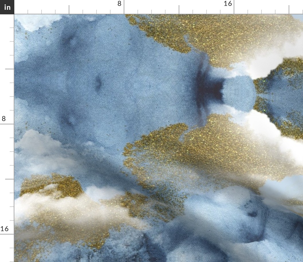 Watercolor Blue and White Clouds Fabric Sky,  Blue Gold White