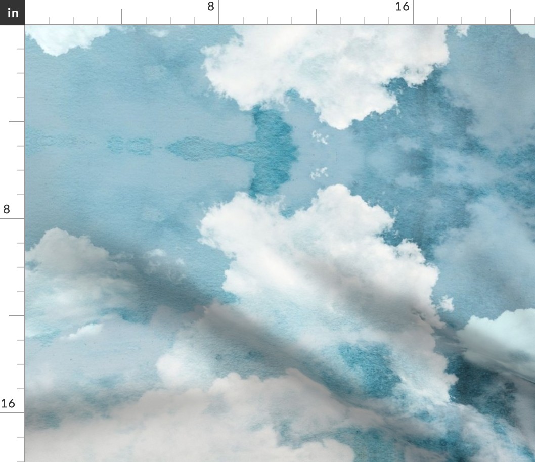 Watercolor Blue and White Clouds Fabric Sky,  Blue Aqua White