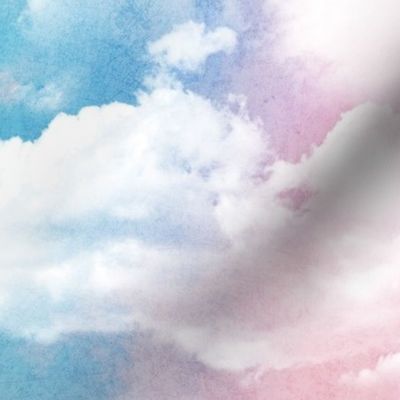 Watercolor Blue and White Clouds Fabric Sky,  Blue Purple Pink White