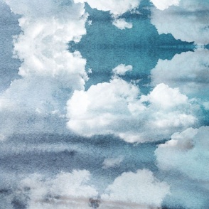 Watercolor Blue and White Clouds Fabric Sky,  Dark Blue Teal White