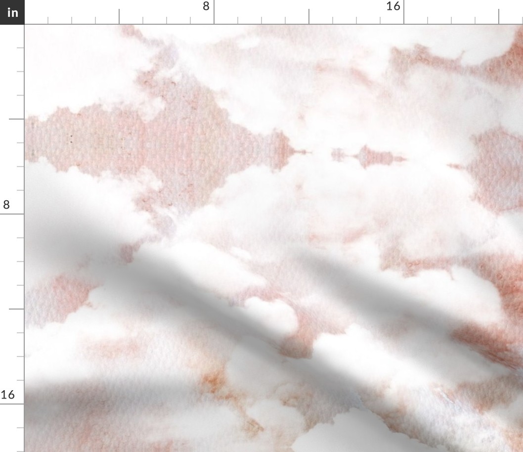 Watercolor Blue and White Clouds Fabric Sky,  Pink White