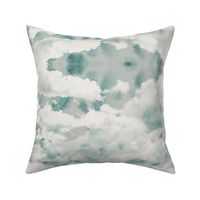 Watercolor Dark Blue and White Clouds Fabric Sky,  Light Teal White