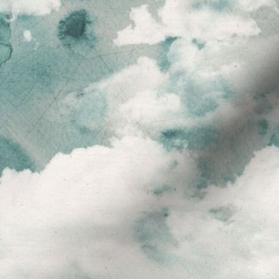 Watercolor Dark Blue and White Clouds Fabric Sky,  Light Teal White