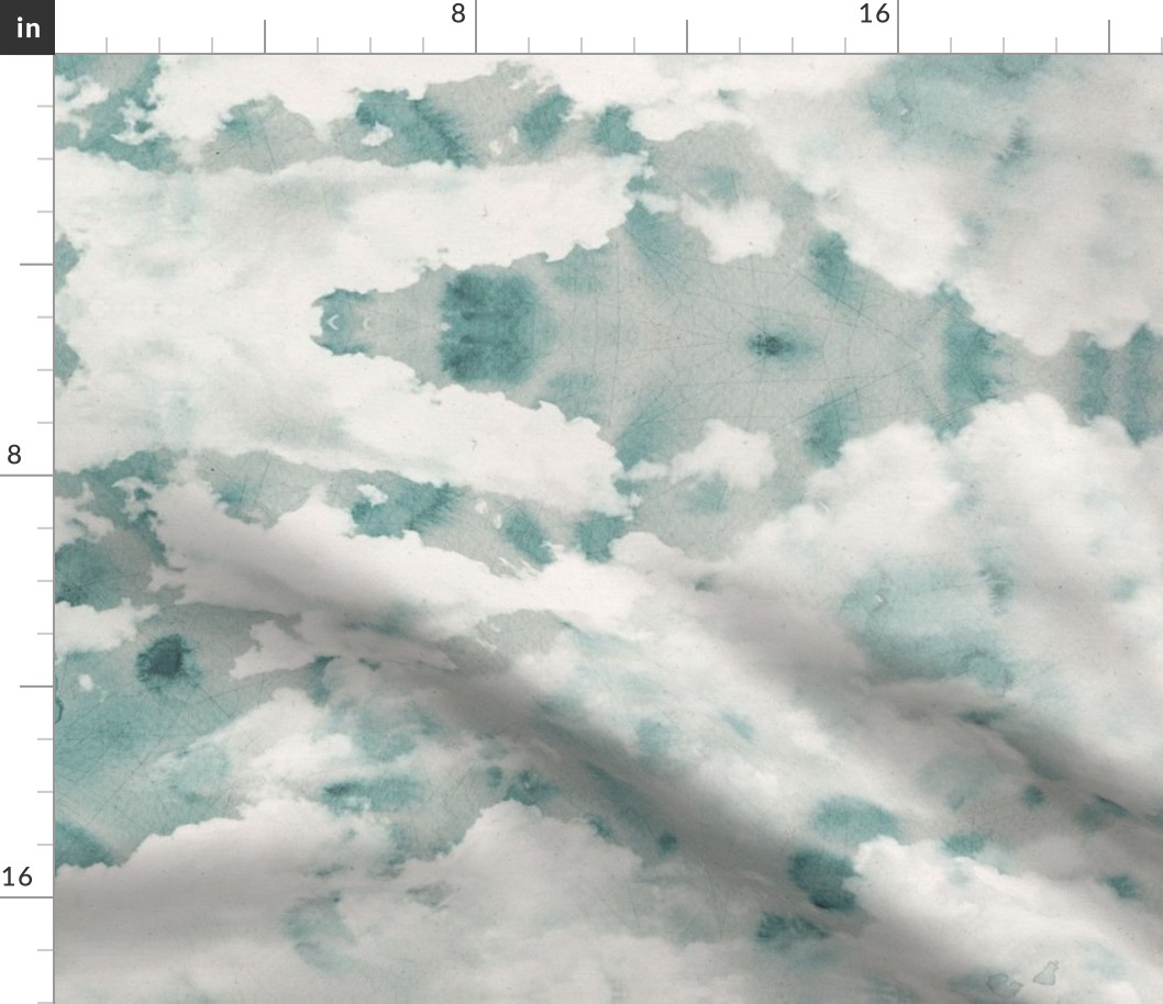 Watercolor Dark Blue and White Clouds Fabric Sky,  Light Teal White
