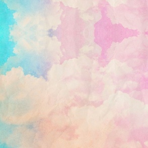 Watercolor Dark Blue and White Clouds Fabric Sky,  Sun Set Teal Orange Pink