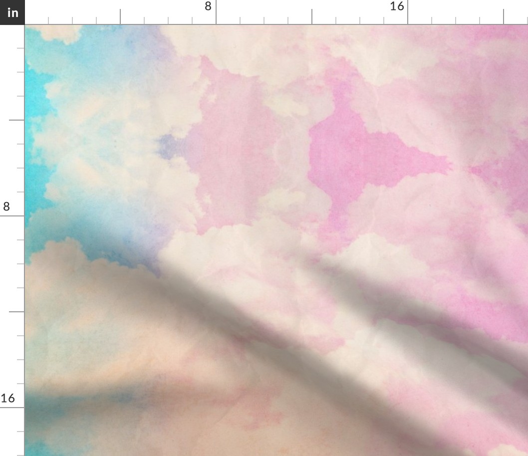 Watercolor Dark Blue and White Clouds Fabric Sky,  Sun Set Teal Orange Pink