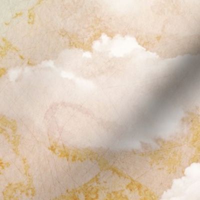 Watercolor Dark Blue and White Clouds Fabric Sky,  Light Orange 