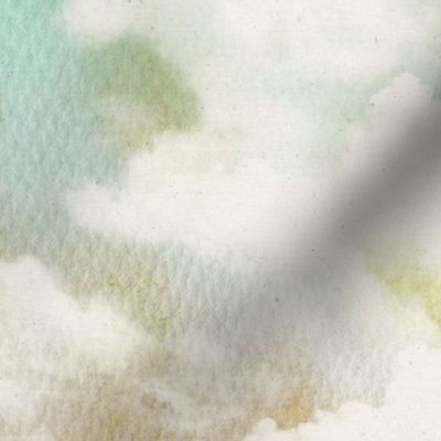 Watercolor Dark Blue and White Clouds Fabric Sky,  Emerald Green Light Green
