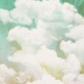 Watercolor Dark Blue and White Clouds Fabric Sky,  Emerald Green Light Green