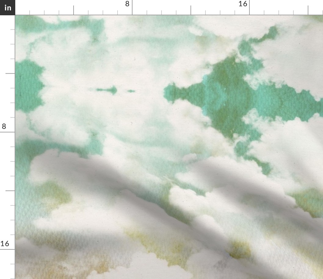 Watercolor Dark Blue and White Clouds Fabric Sky,  Emerald Green Light Green
