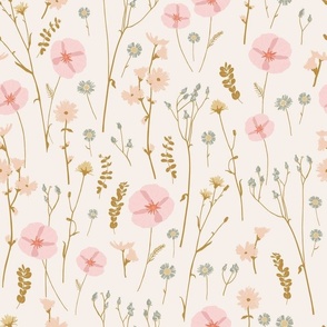 Vintage wildflowers floral and dried weeds in pink, blue, brown and blush on a cream background - LARGE  SCALE