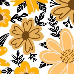 large scale boho chic/retro style floral in soft buttery yellows, sages and coffee brown, black and white - for swimwear, apparel and home decor items.