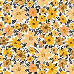 Small scale boho chic/retro style floral in soft buttery yellows, sages and coffee brown, black and white - for swimwear, apparel and home decor items. Lainsnow