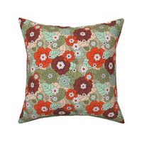 Mid-century retro garden and flower blossom leaves peonies and daisies vintage mint red beige
