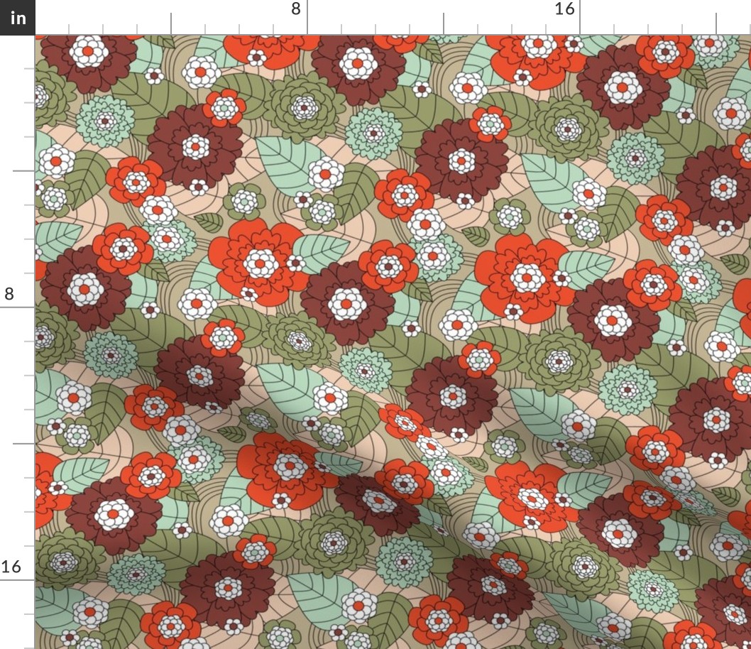 Mid-century retro garden and flower blossom leaves peonies and daisies vintage mint red beige