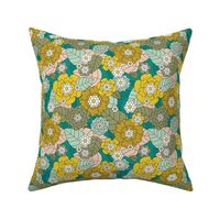 Mid-century retro garden and flower blossom leaves peonies and daisies vintage blue teal lime yellow beige