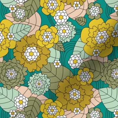 Mid-century retro garden and flower blossom leaves peonies and daisies vintage blue teal lime yellow beige