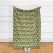 Mid-century retro garden and flower blossom leaves peonies and daisies vintage blue teal lime yellow beige