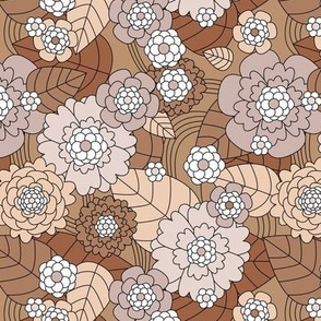 Mid-century retro garden and flower blossom leaves peonies and daisies vintage beige brown blush seventies