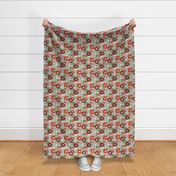 Mid-century retro garden and flower blossom leaves peonies and daisies vintage beige red mint on white