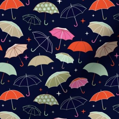 Mid-century umbrellas colorful vintage fifties style novelty design retro red mint on navy blue