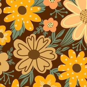 Large scale boho chic/retro style floral in soft buttery yellows, sages and coffee brown - for swimwear, apparel and home decor items. -Lainsnow challenge 
