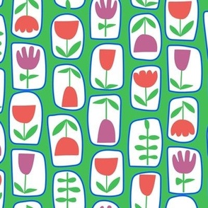 Coral and Grape Abstract Tulip Flowers in Blocks on Bright Green Ground Vertical