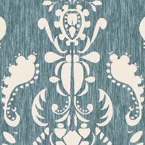 Teal Blue with Ivory Damask - Large - Modern - Texture Look - Bold