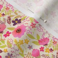 Smallscale Summer Floral Meadow, Pink and Green on Cream by Brittanylane