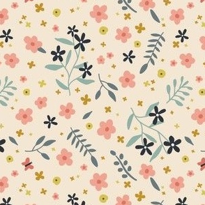 (xs) Ditsy spring garden floral, pink and teal, tiny flowers, dollhouse wallpaper
