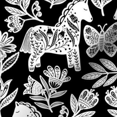 Scandi dala horses pattern in black and white