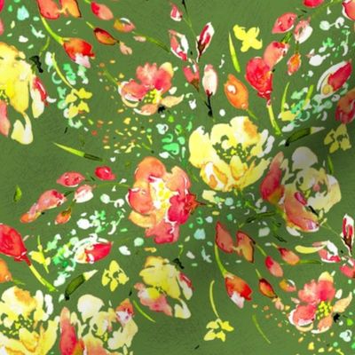 Garden Party in Spring Green - Red and yellow florals in a trellis pattern