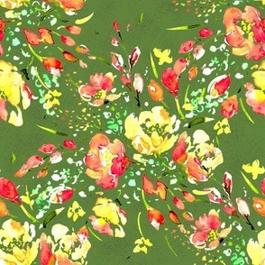 Garden Party in Spring Green - Red and yellow florals in a trellis pattern