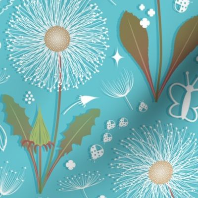 Artsy Dandelion Puffballs // Dandelion Clocks /Floating Seeds,  Dragonflies, Butterflies, Ladybugs, Leaves, Seeds and Clovers // Sky Blue, White, Green