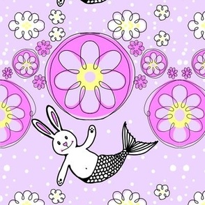 Floral bunny mermaid on pink