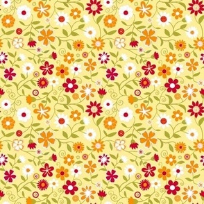 Ditsy white, orange and red flowers on yellow 