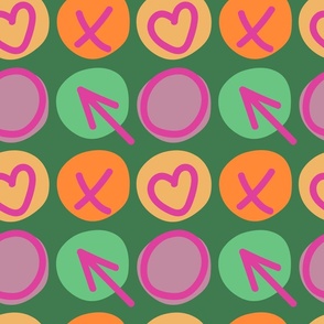 Seamless pattern with circles and signs inside circle.