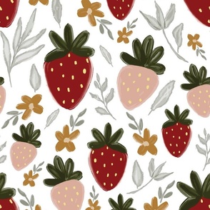 Strawberries, large scale, pink, red, cute, kids, girls, botanical, floral, berry, children