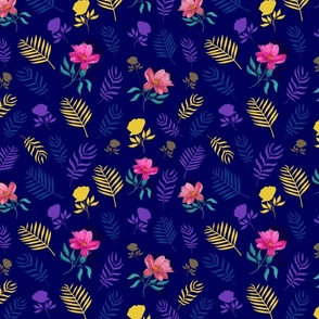Colorful Tropical, Exotic Purple, Pink Flowers and Palm Leaves