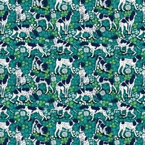 Tiny scale // Looking for the four leaf clover // mosque green background oxford navy blue English Pointer dog breed green leaves white clover flowers