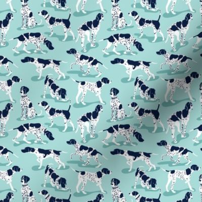 Tiny scale // English Pointer friends // aqua background oxford navy blue dog breed